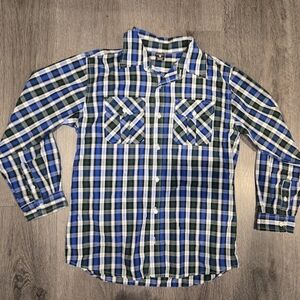 Timber Long Sleeve Button Up Shirt, Boys Blue & Green Plaid Button-Down Shirt